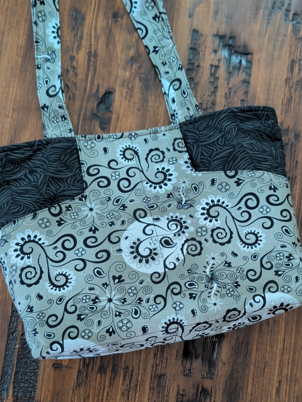 Hand Crafted Gray and Black Floral Scroll Tote Bag Handbag